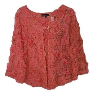 Ronnie Salloway Cardigan Sweater Womens L Peach Roseette Crochet Knit Boho Chic